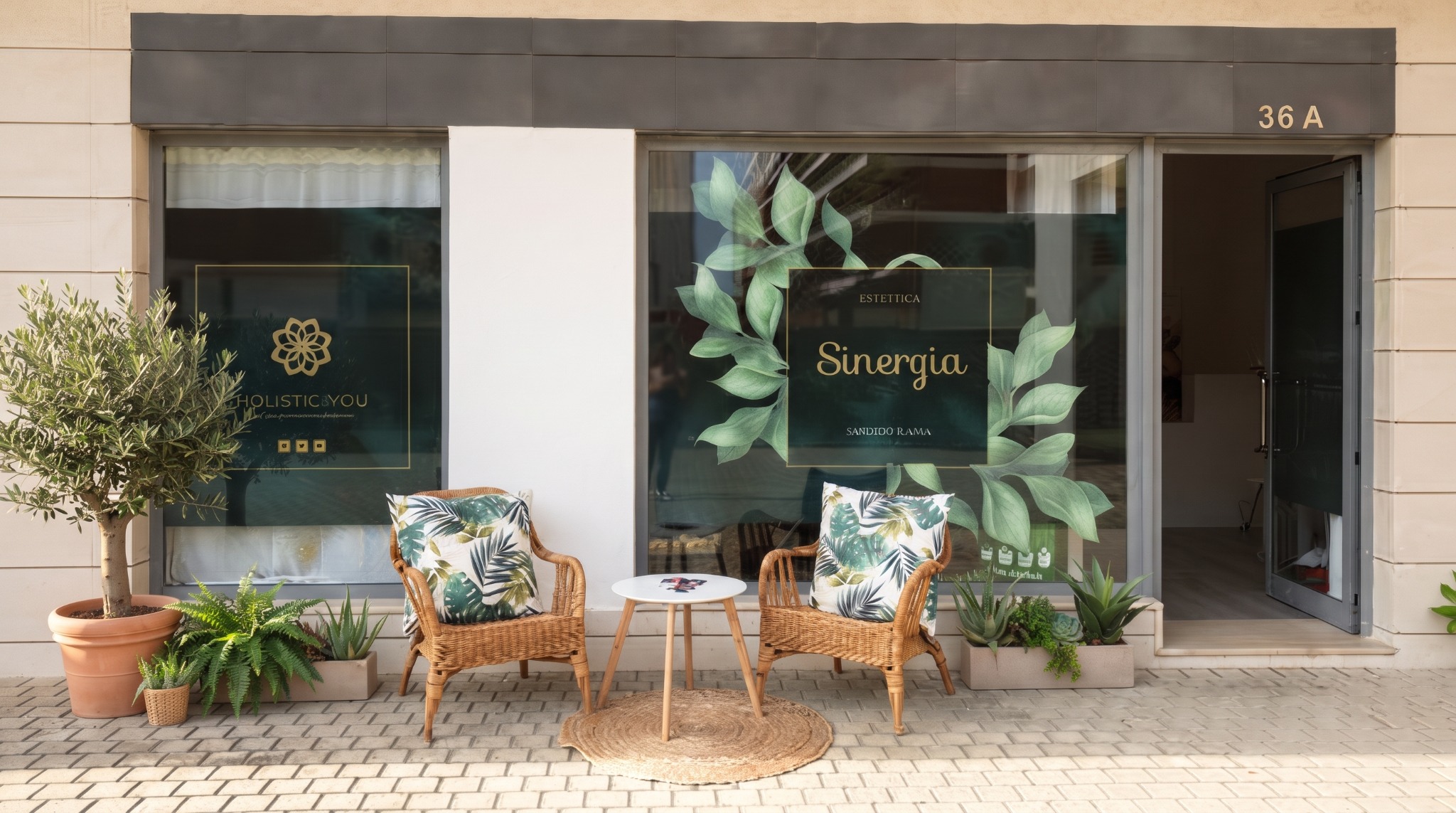 Fachada da Sinergia, com a montra verde e duas cadeiras à entrada